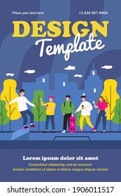 Young people watching tricks on skateboard. Street, friend, skill flat vector illustration. Outdoor activity and extreme sport concept for banner, website design or landing web page