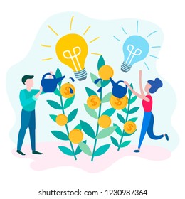 Young people watered the sprouts of the money tree, which grow coins. Businessmen and marketers care about increasing profits and the development of the project. Vector illustration.