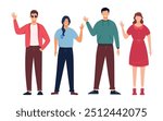 Young people waving hand collection. Teamwork, cooperation, friendship concept, patnership. Vector illustration.