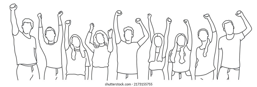 Young people waving hands. Hand drawn vector illustration. Black and white.