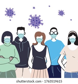 young people wearing face masks to prevent virus vector illustration design