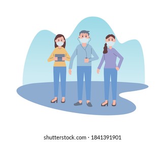 young people wearing face masks using technology vector illustration design