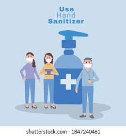 young people wearing face masks use hand sanitizer vector illustration design