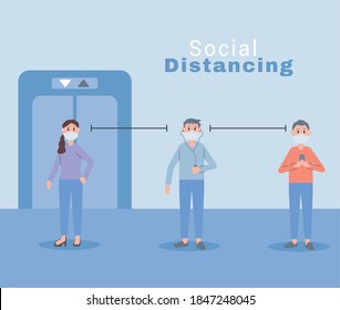 young people wearing face masks social distancing vector illustration design