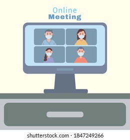 young people wearing face masks in desktop online meeting vector illustration design