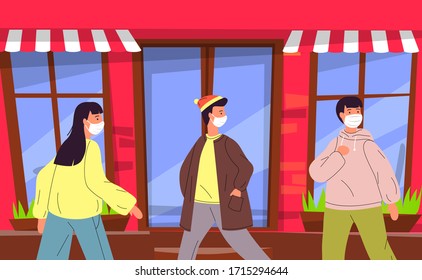 Young people wearing face medical masks walking to shop during virus pandemia. Woman and men keep the rules of quarantine to protect from spreading virus in the crowd. Vector flat illustration