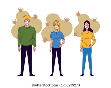young people wearing medical masks characters vector illustration design
