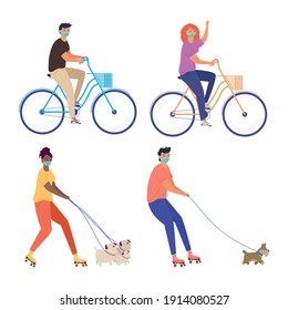 young people wearing medical masks with dogs in bicycles and skates vector illustration design
