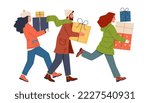 Young people in winter clothes are walking with gifts in their hands. Christmas holiday. Flat cartoon vector illustration on isolated white background