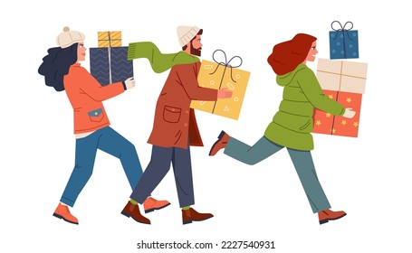 Young people in winter clothes are walking with gifts in their hands. Christmas holiday. Flat cartoon vector illustration on isolated white background