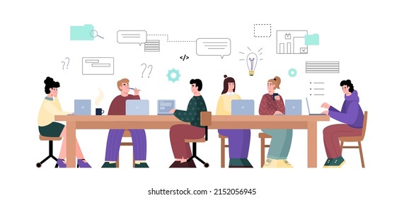 Los jóvenes trabajan en una computadora en la oficina, freelance, participan en una hackathon, ilustración plana vectorial sobre fondo blanco. Taller sobre programación, marketing. Solución de problemas del negocio en equipo