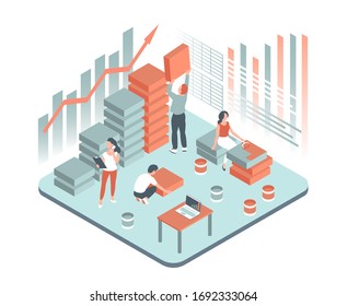 Young people work together. The growth of financial profits of a company or enterprise. Vector illustration in isometric style with diagrams and statistics.