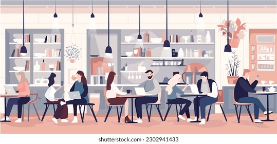 Jóvenes trabajando desde un café. Cafe interior, ilustración de concepto de trabajo remoto
