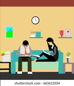 Young people working with laptop and tablet sitting at couch. Casual Corporate Lobby Sitting Conceptual illustration vector.
