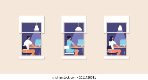 Young people working at office at the computer. Facade of house with a windows. Vector illustration.