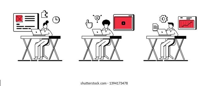 young people working at office sitting behind desk designer project manager community team vector set flat line art icons set