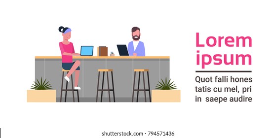 Young People Working On Computers Sitting At Counter Desk At Modern Coworking Space. Modern Coworkers Center Concept Flat Vector Illustration