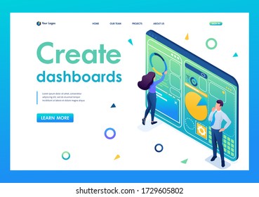 Young people are working on creating a dashboard with an individual menu. 3D isometric. Landing page concepts and web design.
