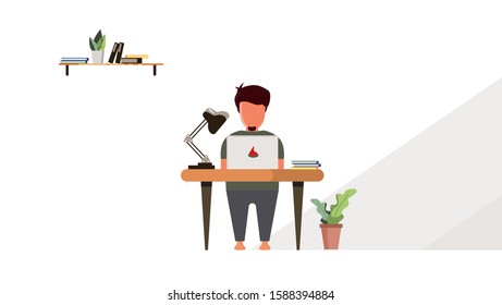  Young people working on laptops and computers on shared modern office workplace. Co-working space, concept illustration. Vector flat style illustration