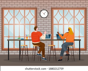 Young people working on laptops in co-working area. Male and female freelance workers sitting at computers in modern open space or shared workplace. Colorful vector illustration in flat style.