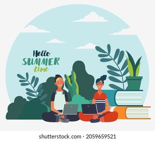 Young people working on laptops in the  park. Summer landscape background. Holidays time.  Back to school, Study, Learning, Knowledge and Education vector concept