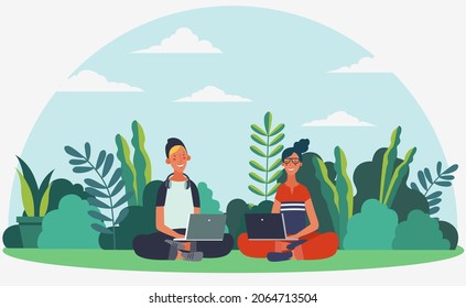 Jóvenes trabajando en laptops en el parque. Fondo del paisaje de verano. Hora de las vacaciones.  Volver a la escuela, estudio, aprendizaje, conocimiento y educación como concepto vectorial