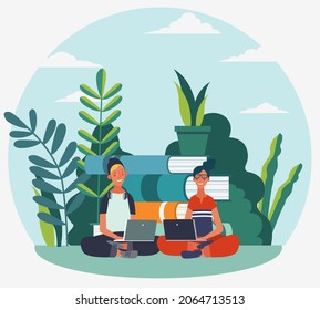 Young people working on laptops in the  park. Summer landscape background. Holidays time.  Back to school, Study, Learning, Knowledge and Education vector concept