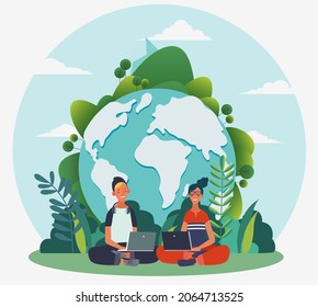 Young People Working On Laptops. Summer Landscape Background. Holidays Time.  Back To School, Study, Learning, Knowledge And Education Vector Concept