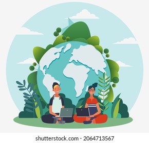 Young people working on laptops Summer landscape background. Holidays time.  Back to school, Study, Learning, Knowledge and Education vector concept