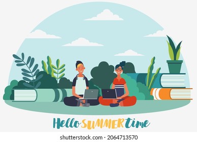 Young People Working On Laptops In The  Park. Summer Landscape Background. Holidays Time.  Back To School, Study, Learning, Knowledge And Education Vector Concept