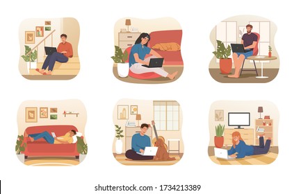 Young people working remotely from home with pet and comfortable workplace. Work from home concept