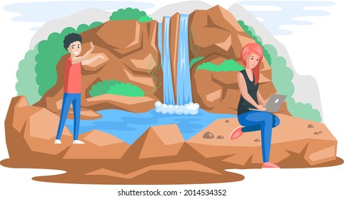 Young people working remotely on nature. Characters communicating through network on laptop. Freelance, work from anywhere in world. Woman and man plan business and solve work issues near waterfall