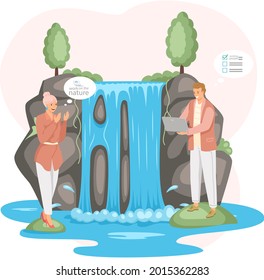 Young people working remotely on nature. Characters communicating through network on laptop. Freelance, work from anywhere in world. Woman and man plan business and solve work issues near waterfall
