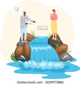 Young people working remotely on nature. Characters communicating through network on laptop. Freelance, work from anywhere in world. Woman and man plan business and solve work issues near waterfall