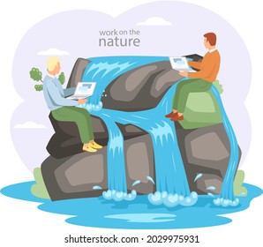 Young people working remotely on nature. Characters communicating through network on laptop. Freelance, work from anywhere in world. Man plan business and solve work issues near waterfall