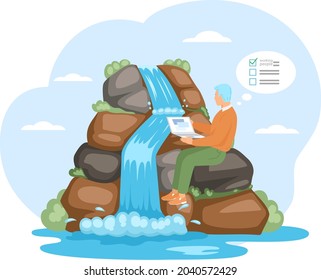 Young people working remotely on nature. Characters communicating through network on laptop. Freelance, work from anywhere in world. Man plan business and solve work issues near waterfall