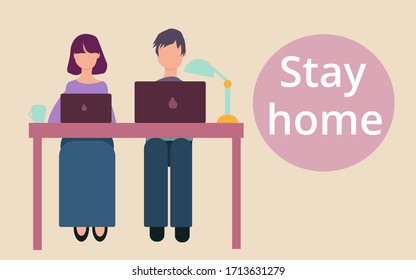 Young people working in social networks for business project. Fighting the coronavirus, preventing the spread of infection.Stay at home, stay healthy. Freelancers with laptops.Flat Vector illustration