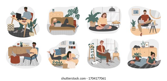 Young people working and study at home freelance. Modern interior in comfortable apartments. Work on a laptop, computer in living room, bedroom or office. Set of illustrations in flat style.