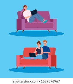 young people working in telecommuting vector illustration design