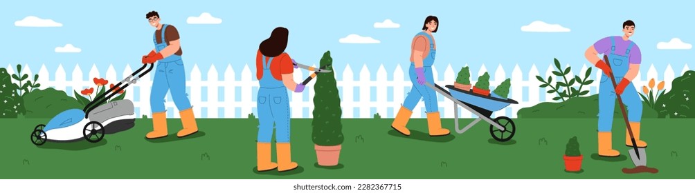 Young people working together in garden. Women and men mowing the lawn, digging, pruning bushes, and hauling wheelbarrow. Banner of the importance of teamwork and equal contribution in garden care.