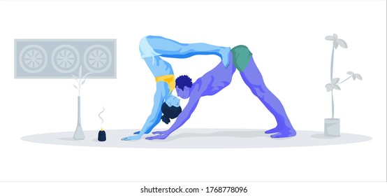 Young people in yoga pose on the floor. Spiritual practice, yoga and breathing exercises. Vector flat cartoon illustration.