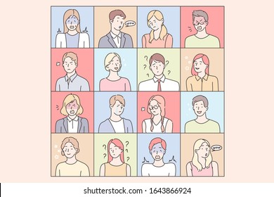 Young peoples emotions set concept. Collection of illustrations of men and women expressing different facial expressions. Bundle of portraits of boys and girls showing positive and negative emotions