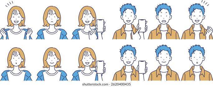 
Young people's facial expression variations vector illustration set pointing the smartphone screen here