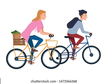 Young peoplewith bassket and backpack riding bicycles cartoon ,vector illustration graphic design.