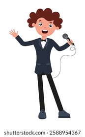 Young performer excited to sing with microphone on stage