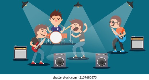 Young performer musical band with singer is sing a song, drummer, guitarist, bassist with spotlight on stage in cartoon style, vector illustration