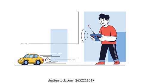 Jovem que controla ativamente um pequeno veículo amarelo telecomandado à distância, utilizando um dispositivo de mão e uma antena para comunicação sem fios