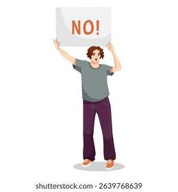 Young person angrily protesting while holding a NO sign, flat cartoon graphic style, isolated on white background. Concept of activism. Vector illustration