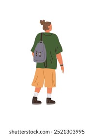 Young person with a bun hairstyle wearing an oversized green shirt, yellow shorts, white socks, and black shoes. They have a gray backpack on their back. Ideal for youth lifestyle, travel, casual