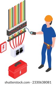 Young Person Checking and Testing Wire using Multimeter isometric Concept vector icon design, Electrical engineer symbol, Wiring specialist Sign, maintenance technician tools stock illustration